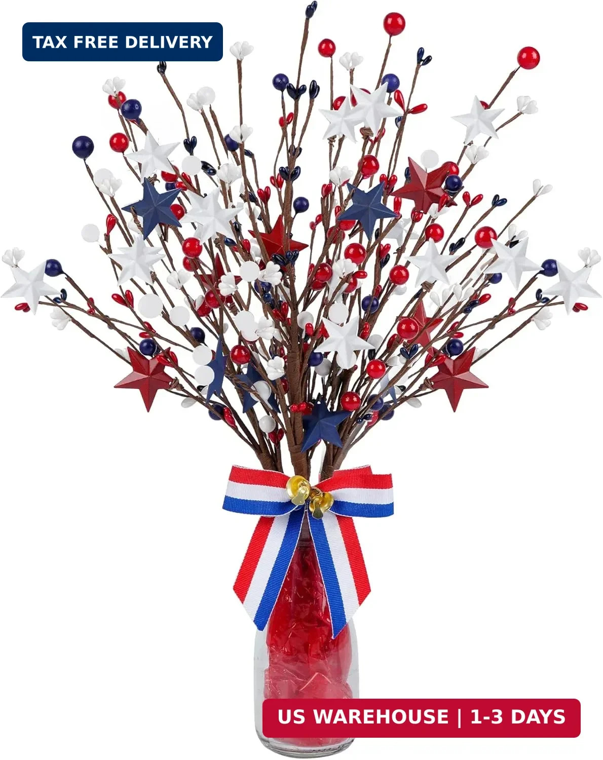 4 Pack Patriotic Artificial Berry Stem Picks White Blue Red Stars for 4th of Jul