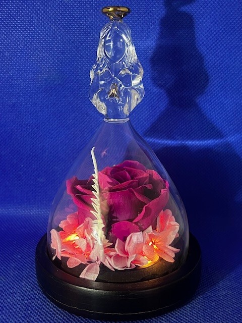 Mother’s Day Preserved Pink Rose in Glass Angel Figurine with Led Lights
