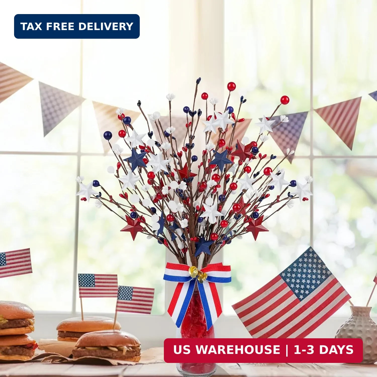4 Pack Patriotic Artificial Berry Stem Picks White Blue Red Stars for 4th of Jul