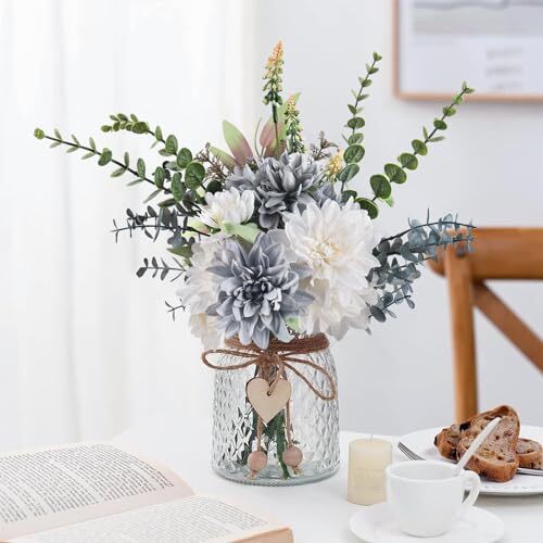 Fake Artificial Flowers Bouquet for Decoration, Silk Flower No Vase Blue White