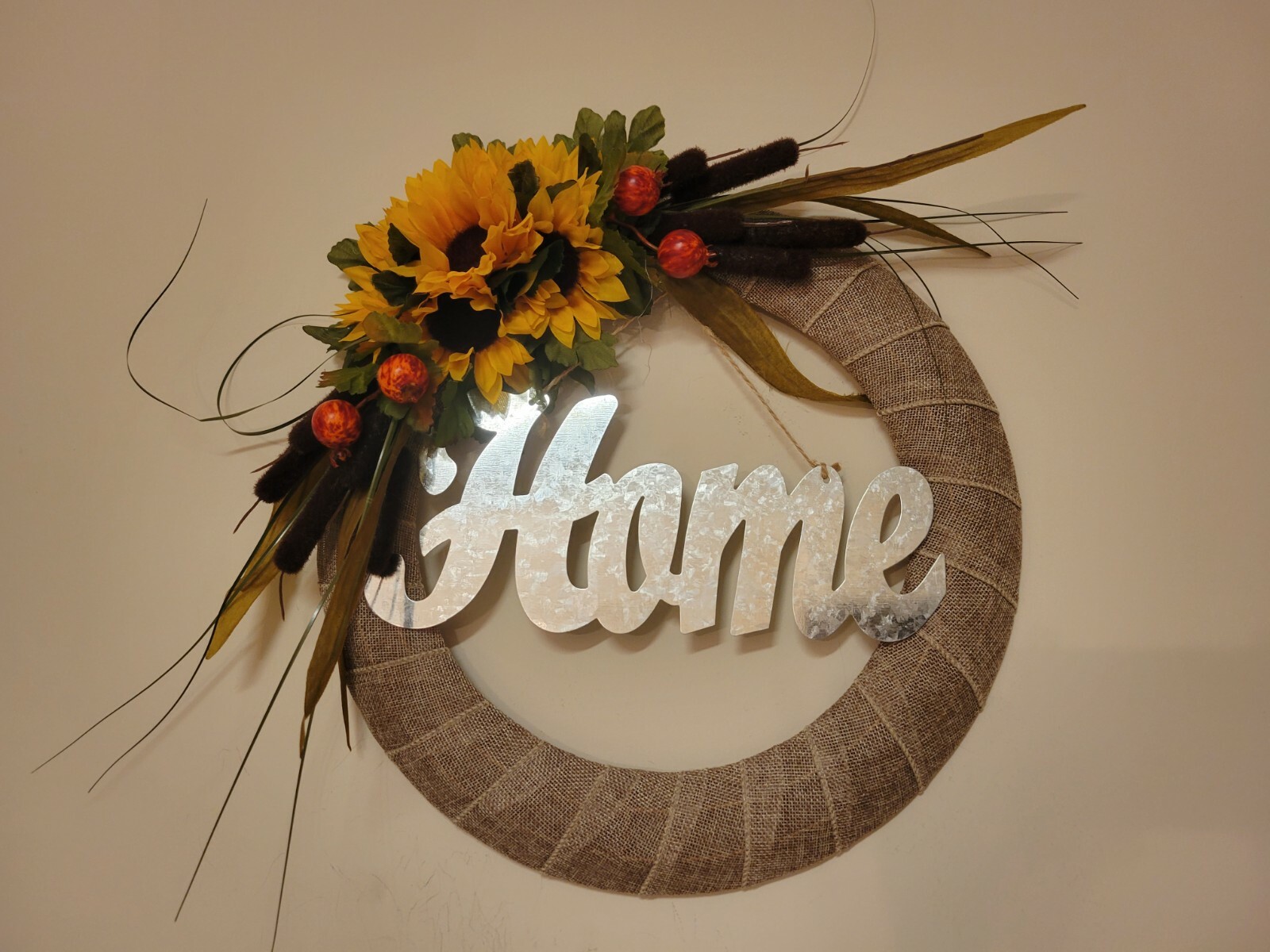 HOME Sunflowers Cat tails Mini Pomegranates burlap WREATH FALL Decor Front Door