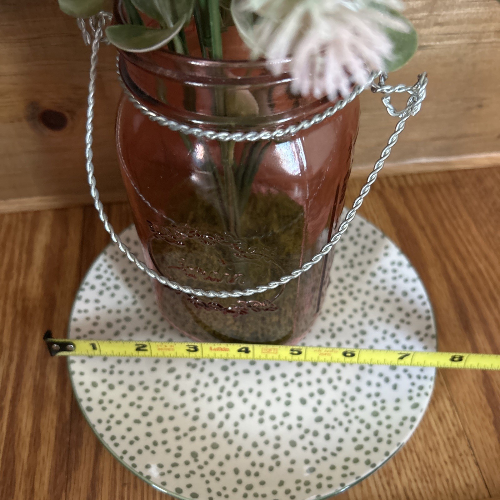 Big Mouth Mason Jar Pink Tone w/Artificial Flowers Silver Handle Moss In Jar