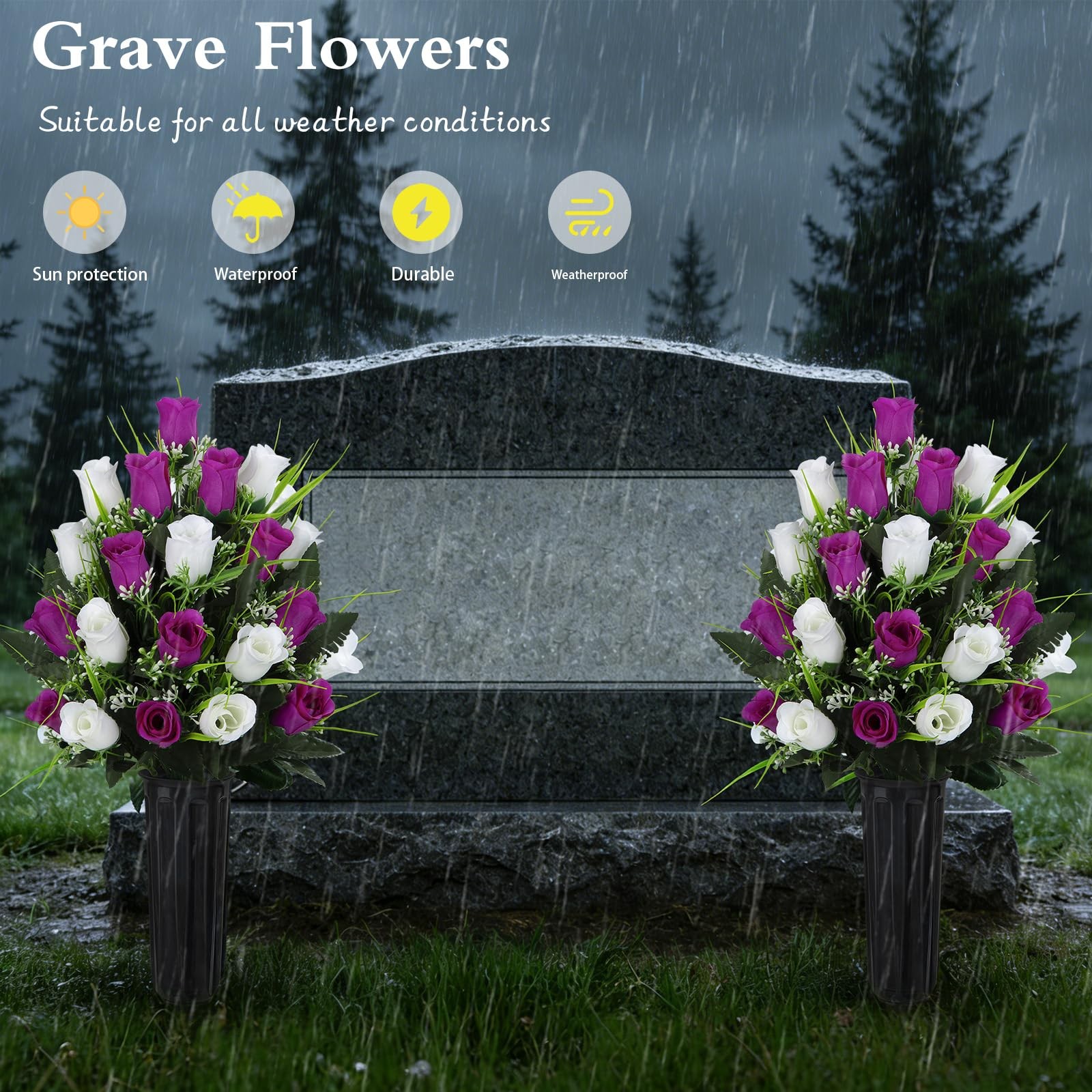 2 Sets Artificial Cemetery Flowers, Grave Decorations Roses, Memorial Flowers…