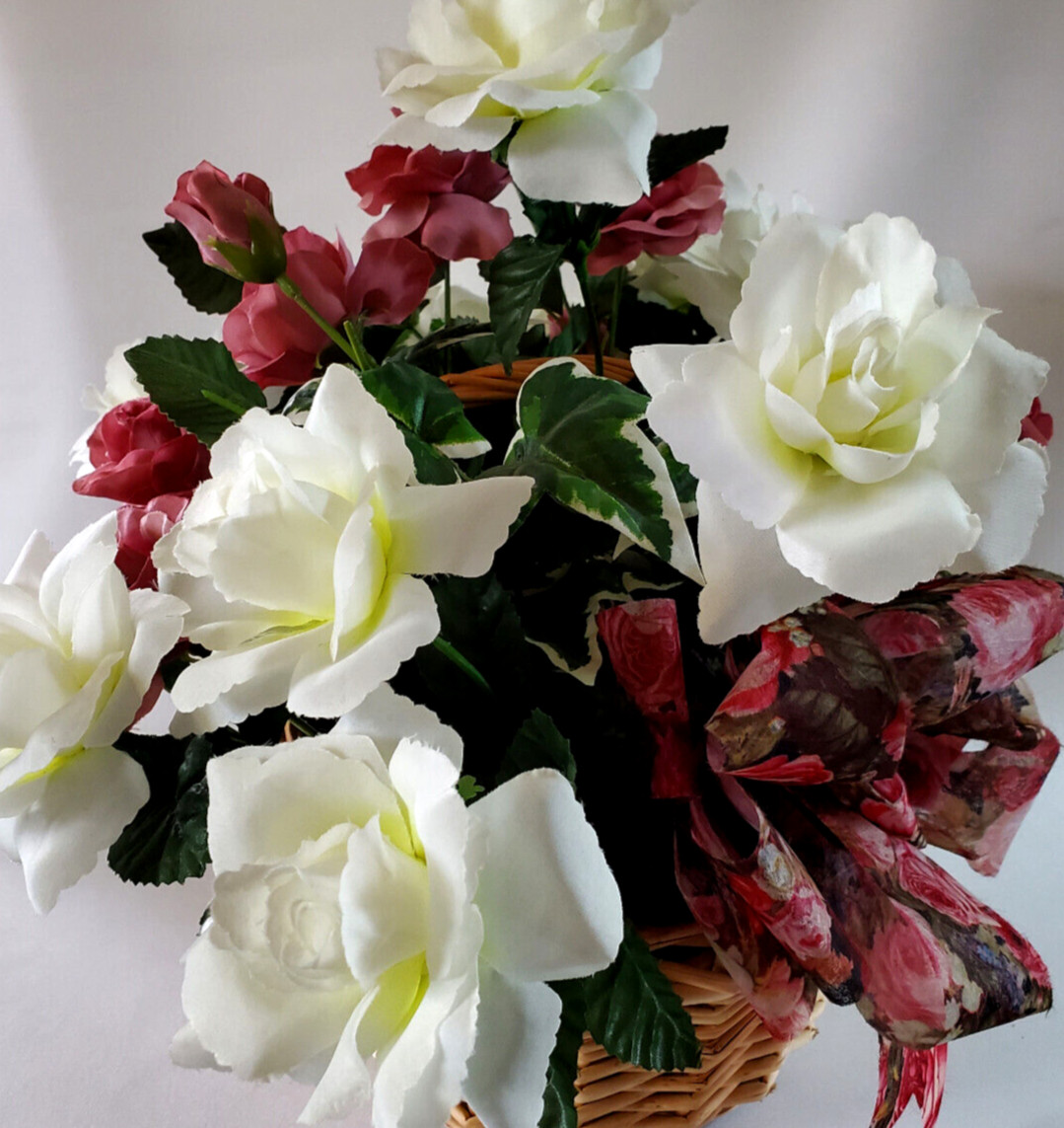 Fresh Spring Garden Pink & White Roses Silk Floral Arrangement in a Woven Basket