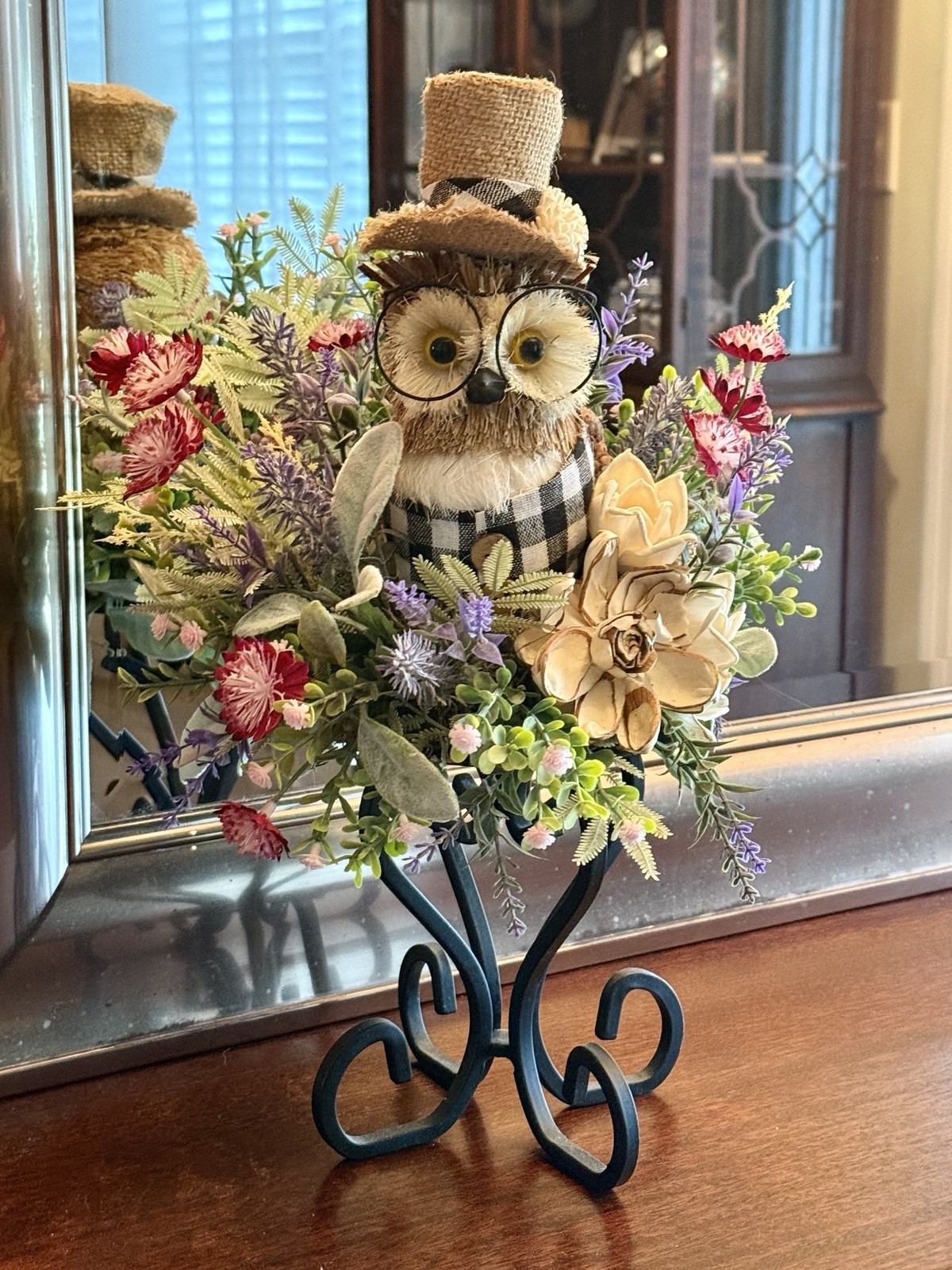 Handmade Whimsical Straw Owl Floral Arrangement Centerpiece Rustic Scroll Stand