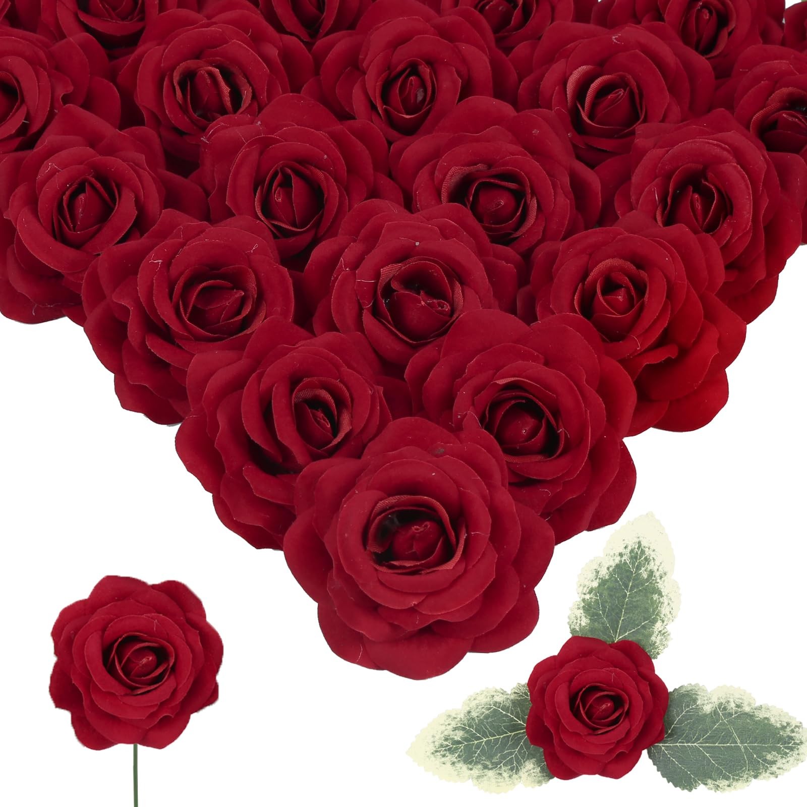 25PCS Red Rose Artificial Flower Heads 7 CM Velvet Rose Flowers Real Look Ros…