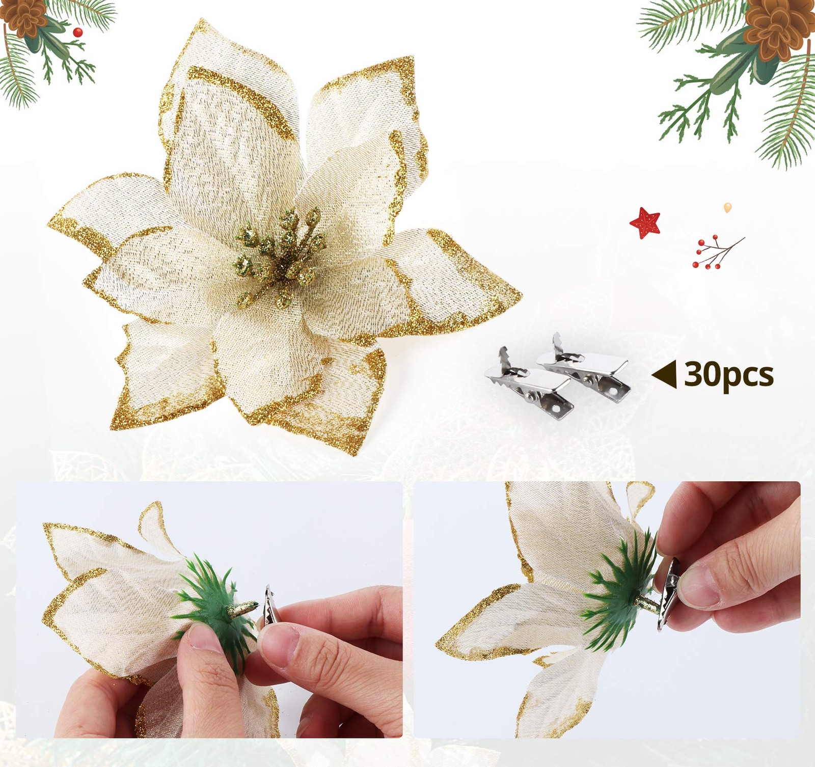24 PCS Gold Poinsettias 6 Inch Glitter Artificial Christmas Flowers 30 Clips