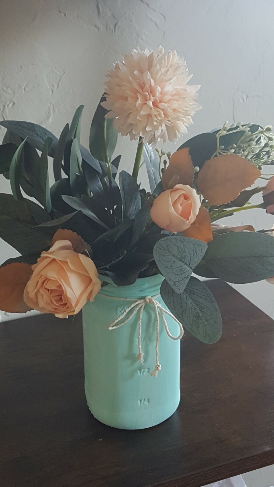 Elegant Rustic FarmHouse Decor Florwer Arrangement Painted Mint Green Mason Jar