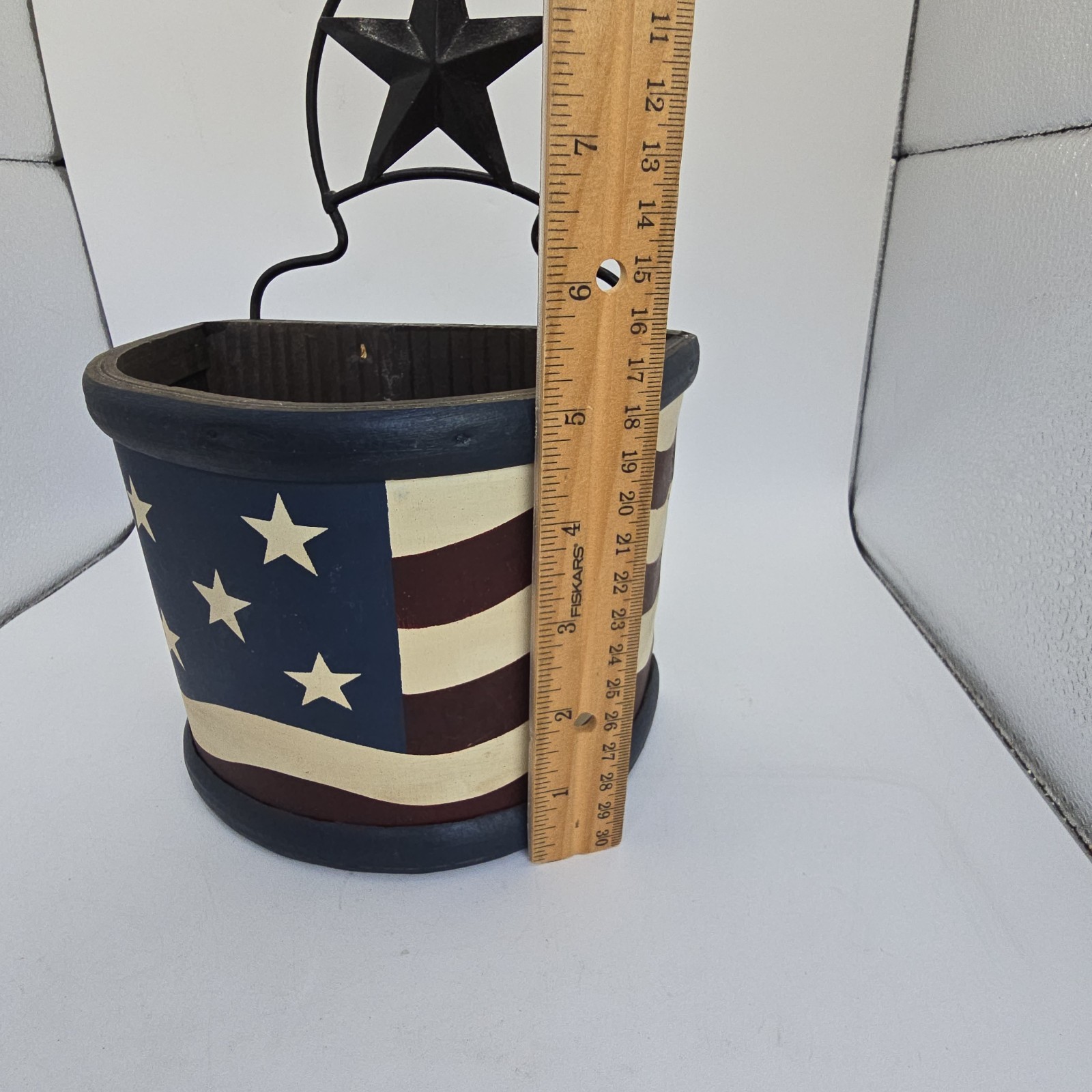 Primitive Patriotic Hanging Wood Metal American Flag Box Planter Basket Shelf