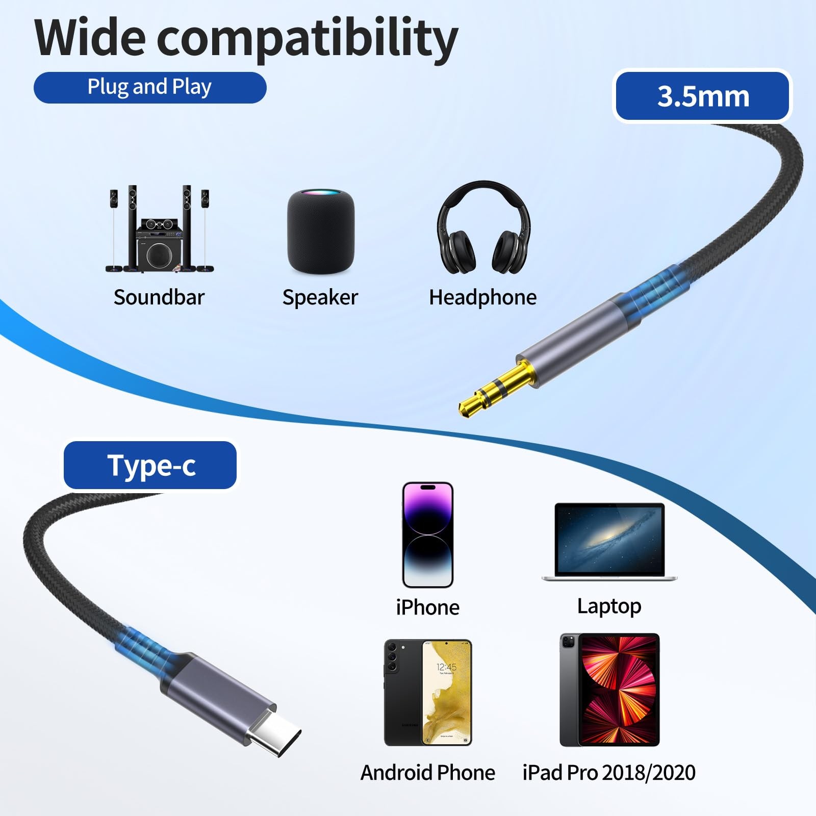Aux to USB C, C 3.5mm Audio Jack Cable 4.3 ft, 51 inches, Grey