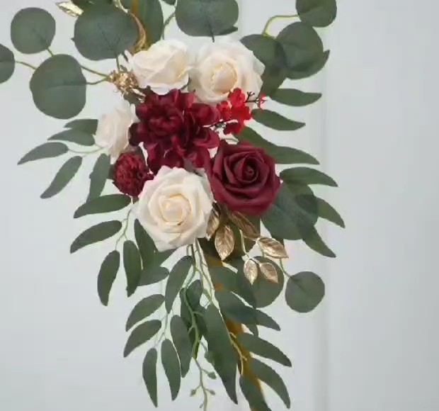 Artificial Rose & Eucalyptus Wall Hanging Decor Burgundy White Green Gold