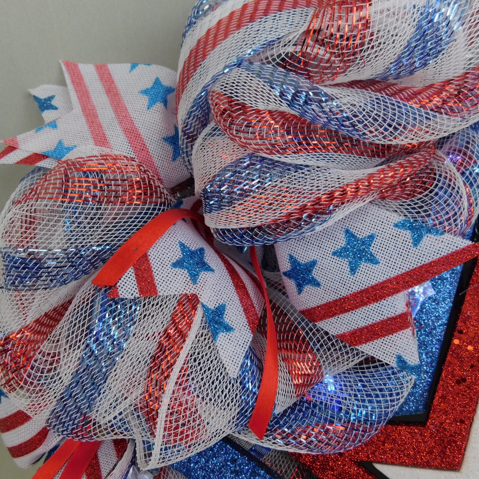 Handmade Mesh Wreath Patriotic Stars & Stripes LED Light String Foam Star #C314
