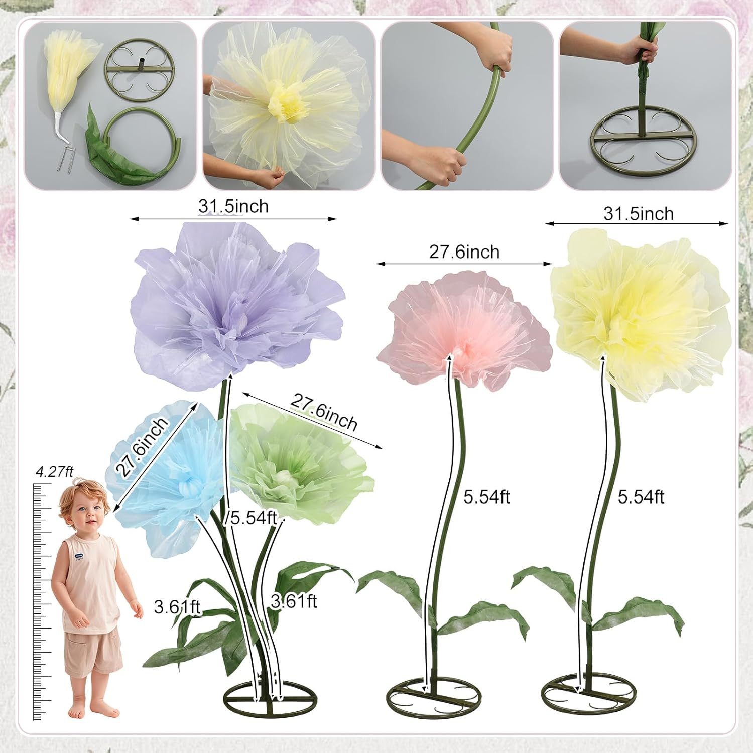Giant Multicolor Organza Flowers – 5 Pcs 8Ft Decor for Events & Photography
