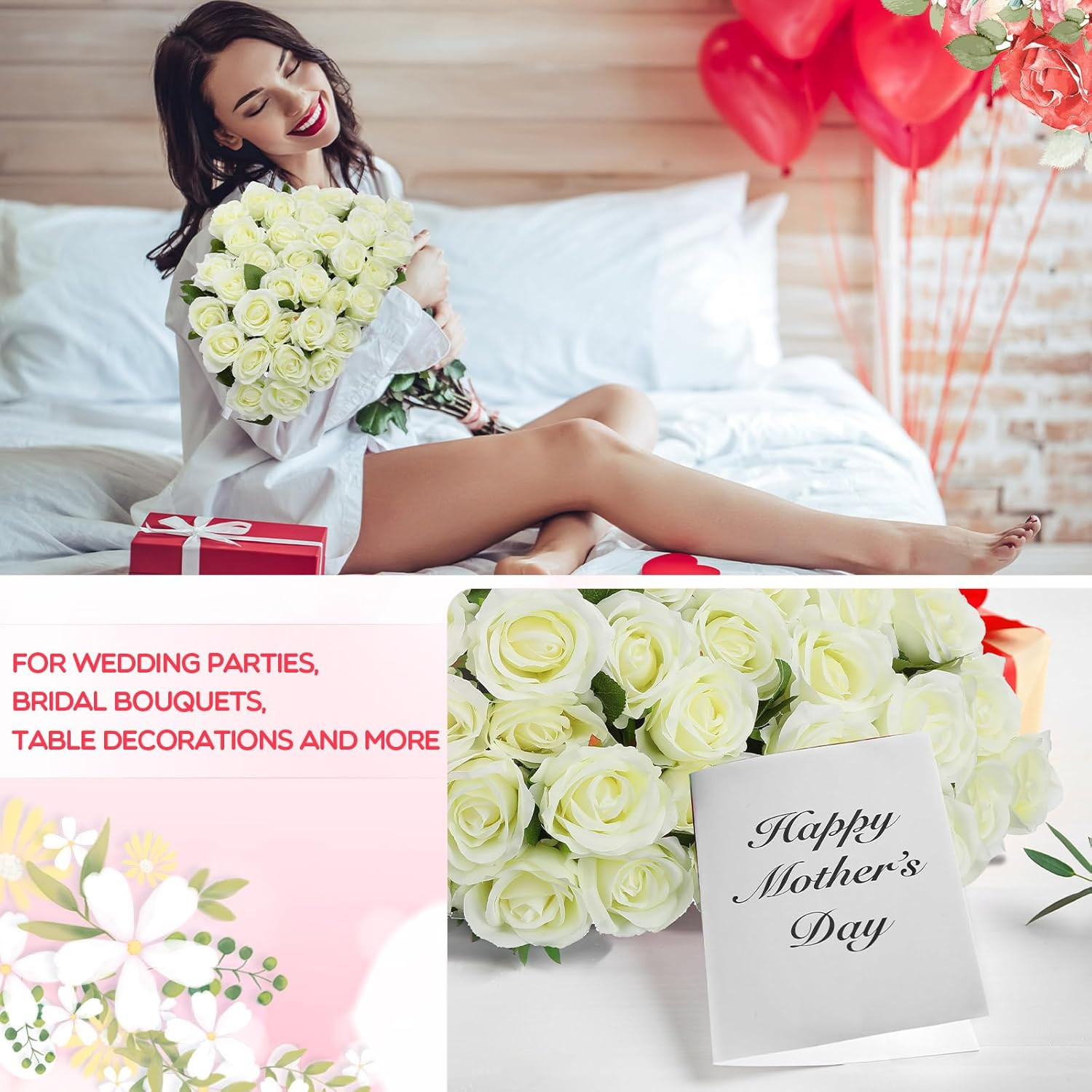 500 Pcs Artificial Silk Roses Flowers with Long Stem Bridal Wedding Bouquet Real