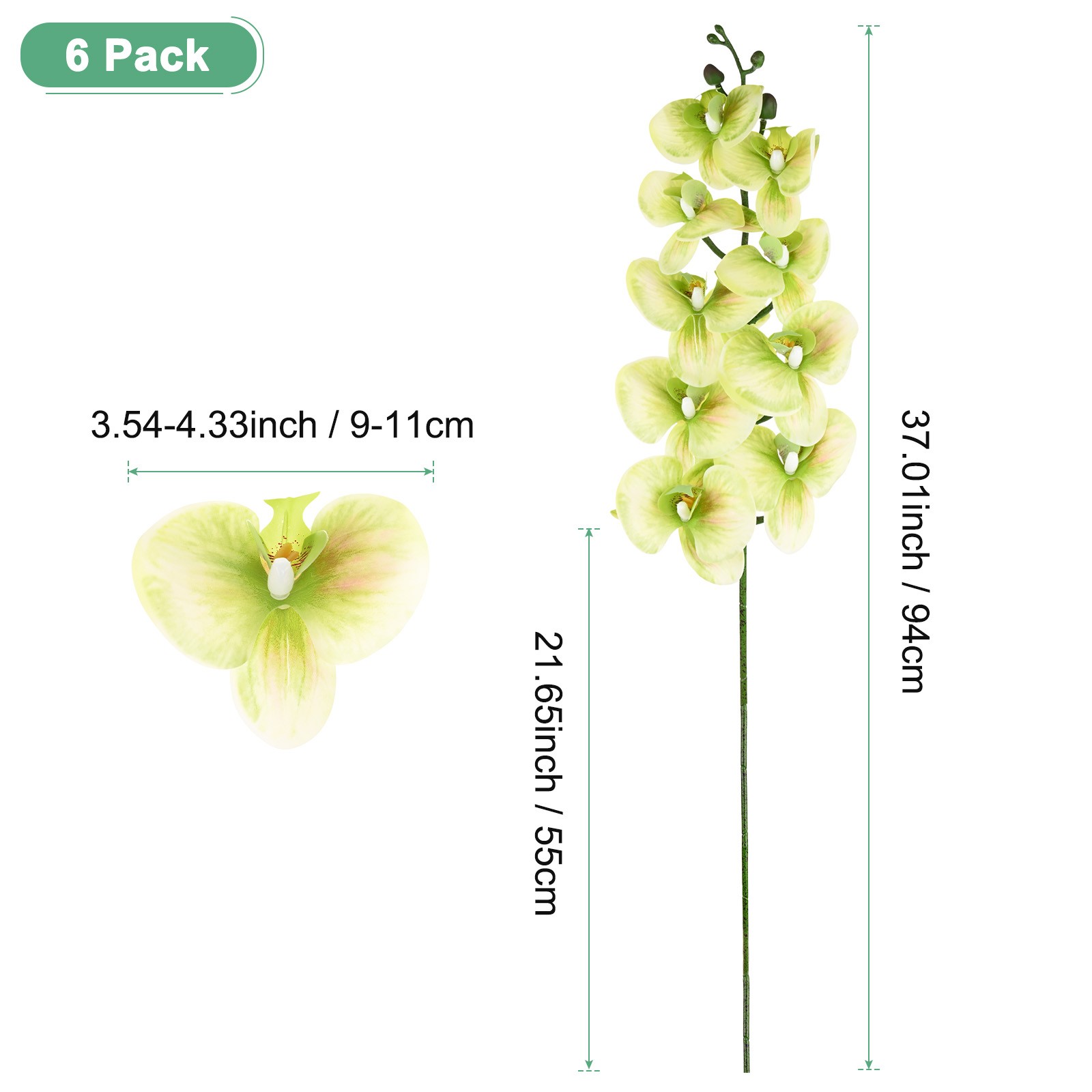6-Pack Artificial Orchid Flowers 9 Large Petals for Home[Light Green]