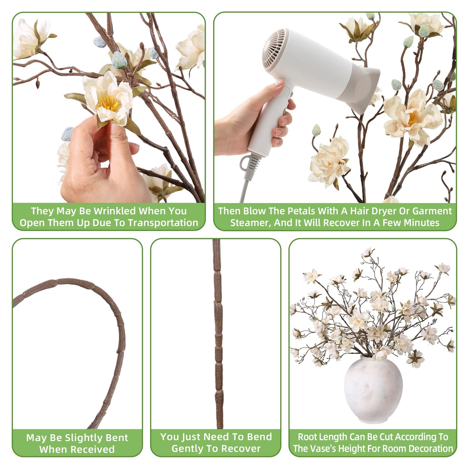 HyeFlora 3PCS Artificial Magnolia Flowers Stems for Spring Decoration, Faux C…