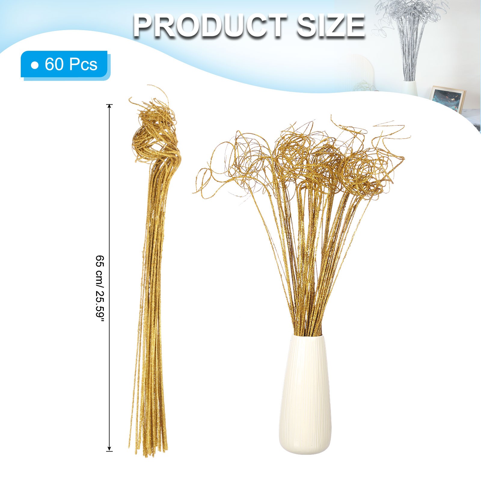 60 Pcs Glitter Dried Curly Willow Branches Natural Branches Twigs, Gold