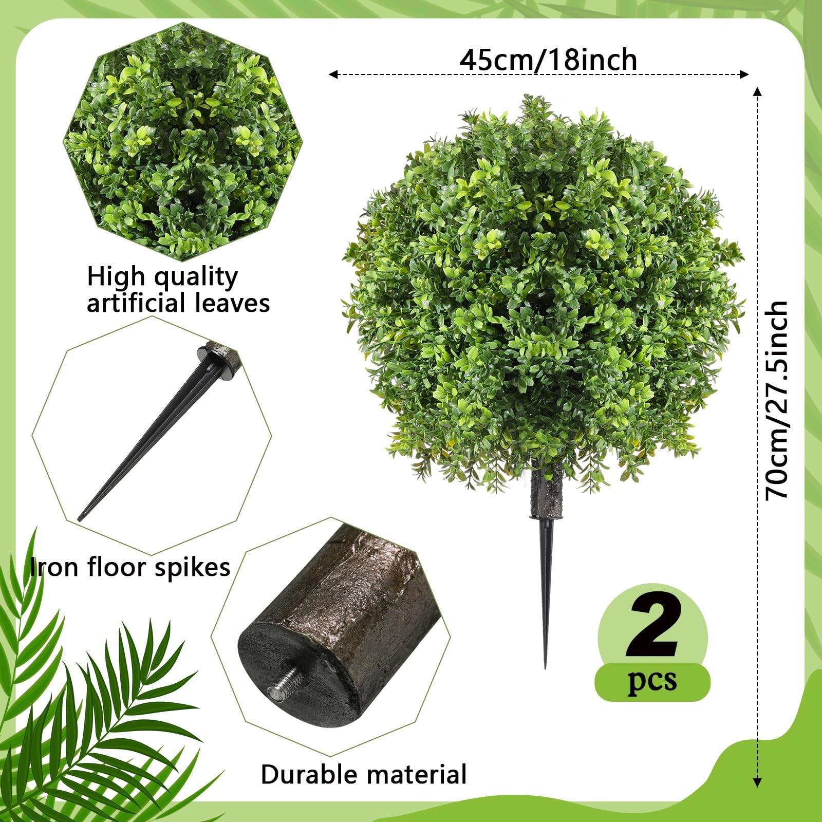2 Pcs Artificial Boxwood Topiary Ball Bush 26″ Tree UV Resistant with Spike E…