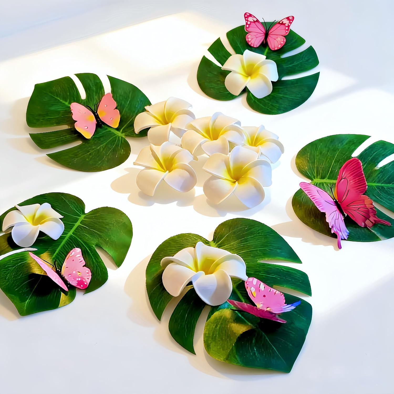 72Pcs Hawaiian Party Decor Set (Artificial Plumeria Flowers, Monstera Leaves, Bu