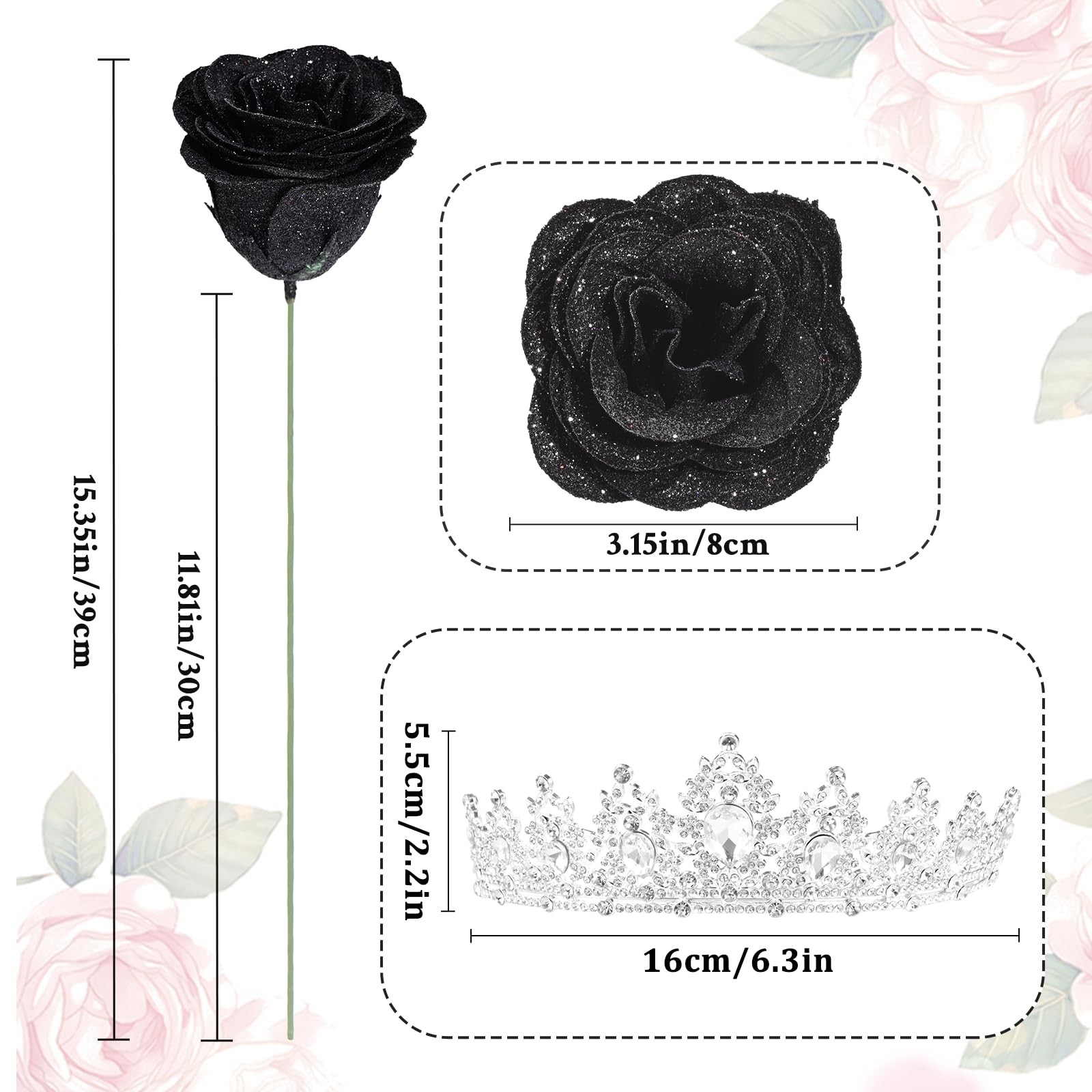 Glitter Roses Bouquet 36 PCS Black Artificial Flowers Birthday Gifts Women Mom