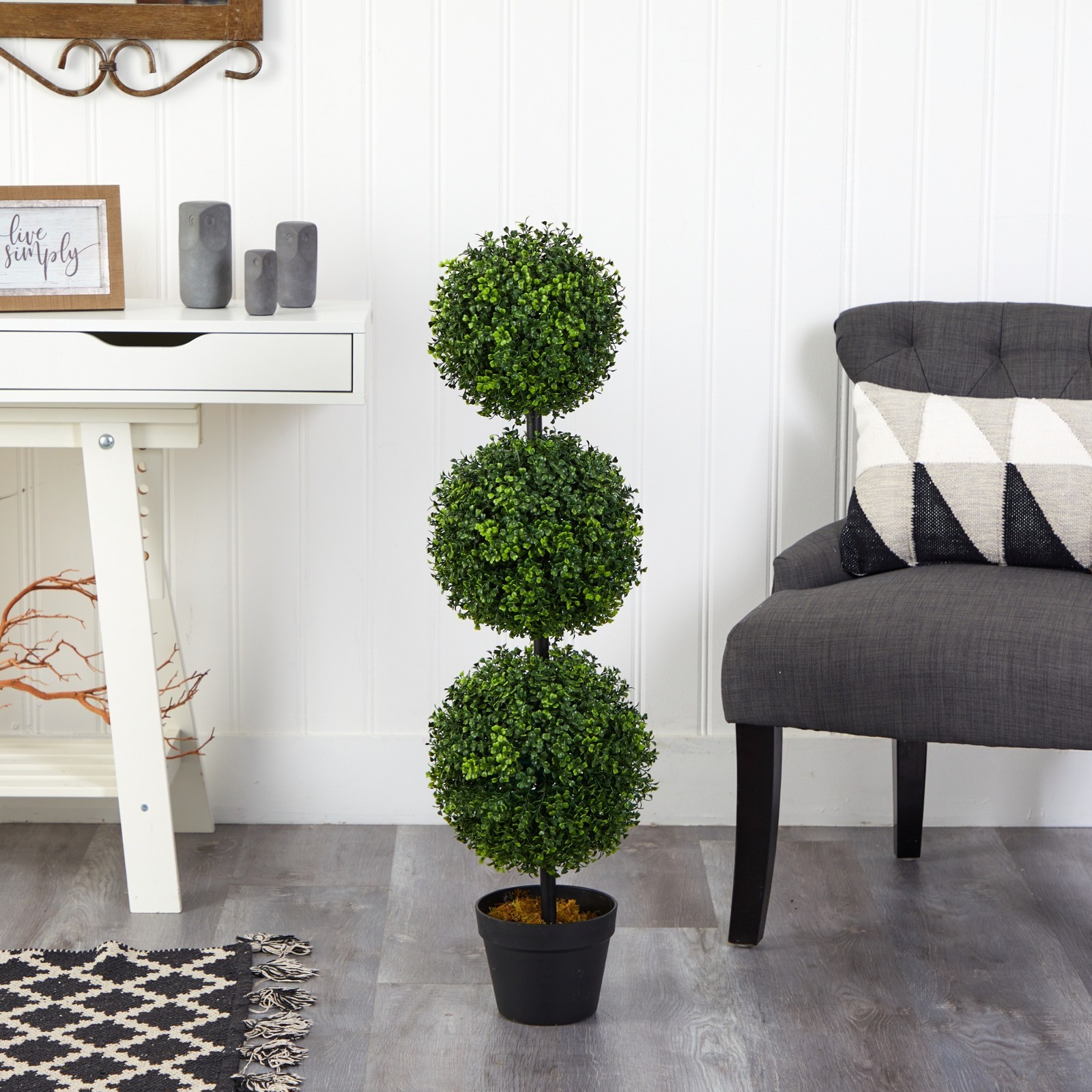 3’ Artificial Boxwood Triple Ball Topiary Tree – Lifelike Faux Greenery