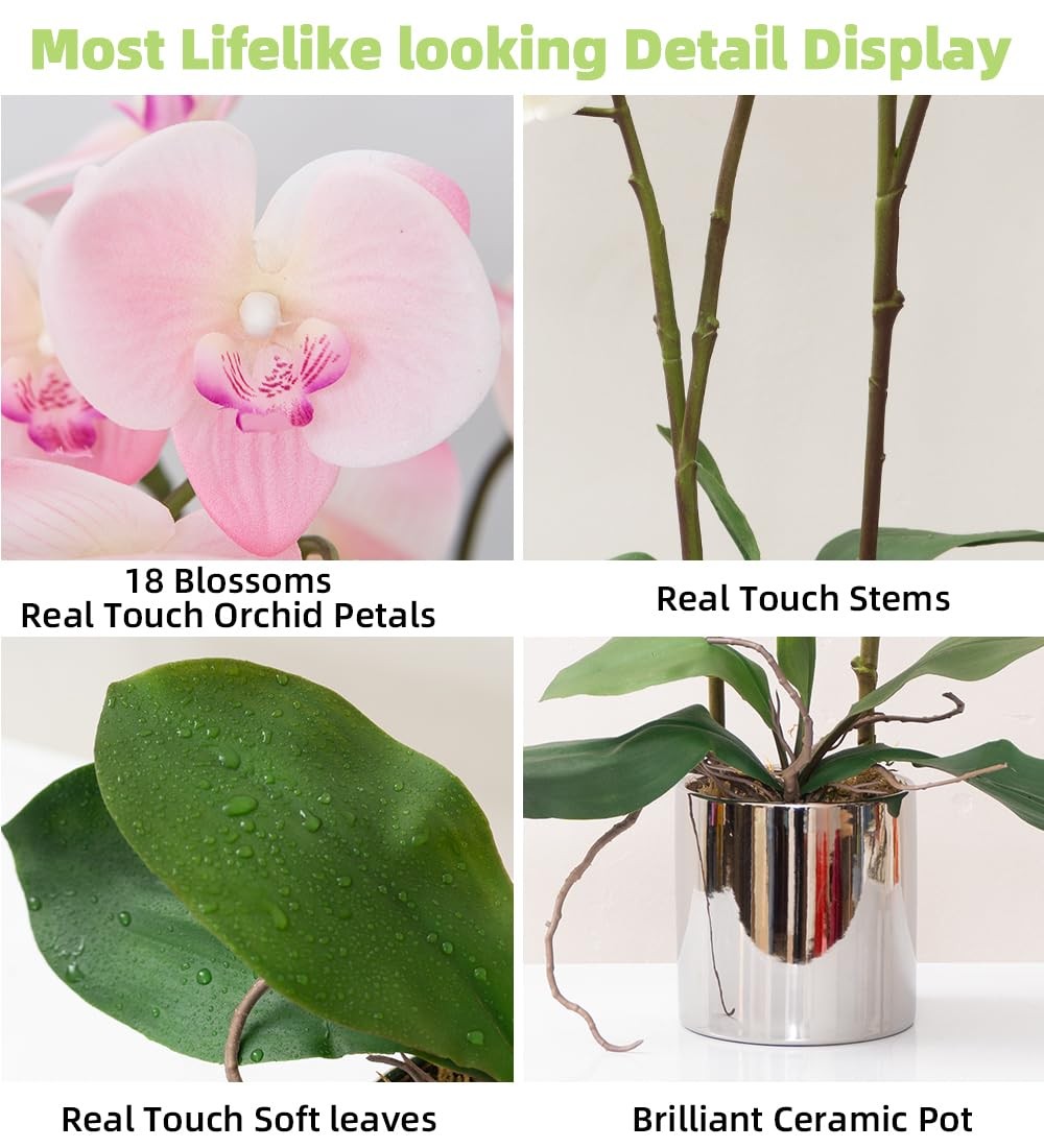 Artificial Orchid Flower Plant Real Touch Faux Orchids in Ceramic Vase Pink 1…
