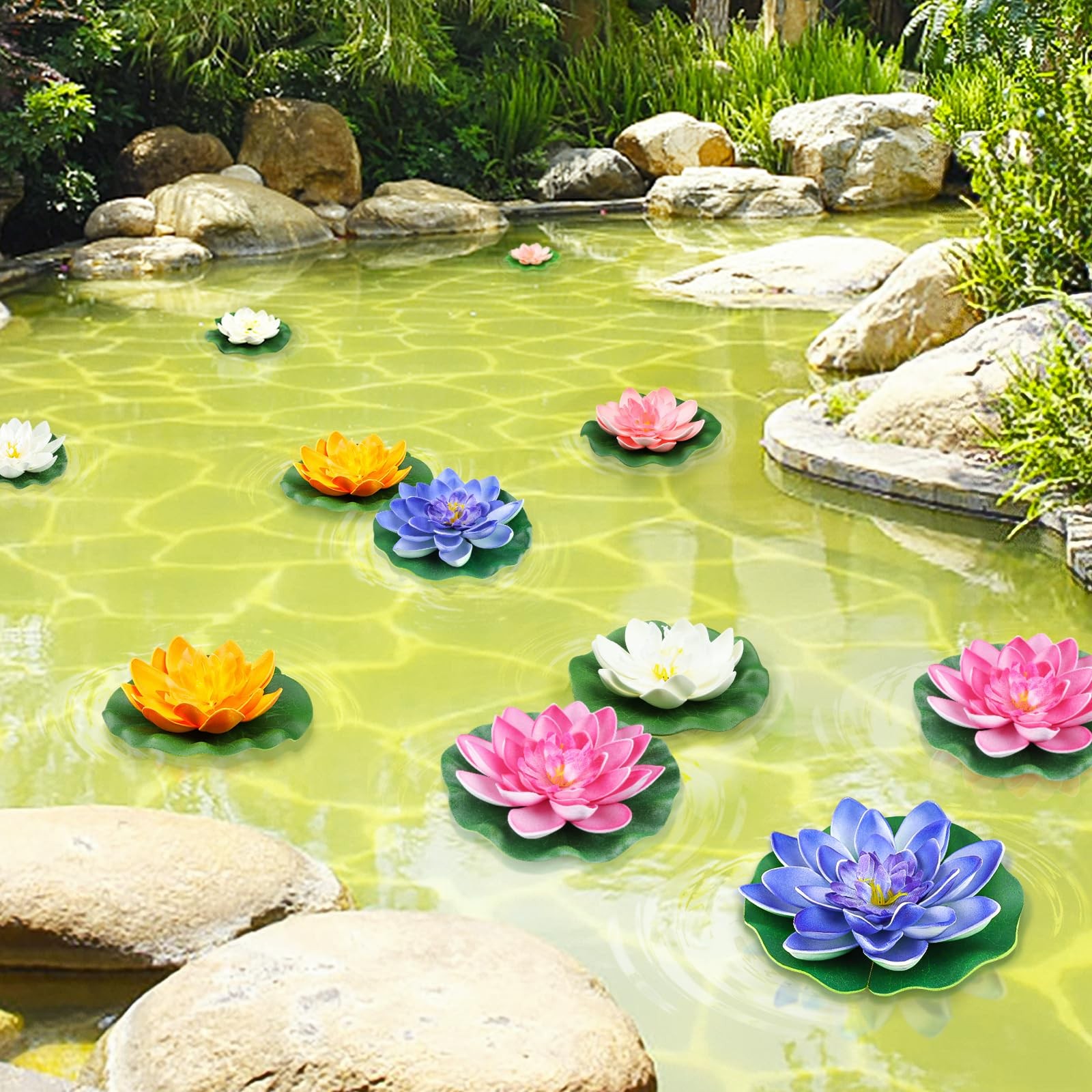 10PCS 3 Sizes Artificial Foam Lotus Floating Flowers with Water Lily Pad Orna…