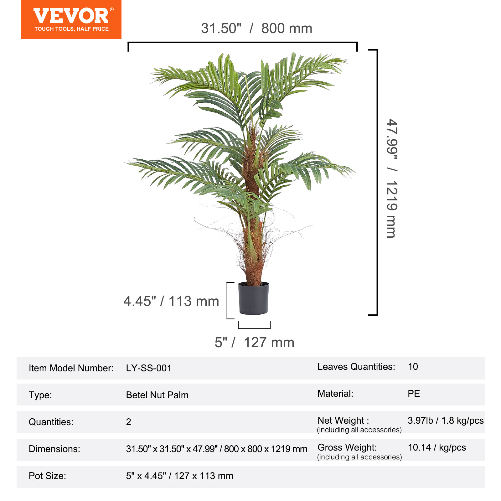 VEVOR 4 FT Artificial Areca Catechu Betel Nut Palm Tree Faux Lifelike Fake Plant