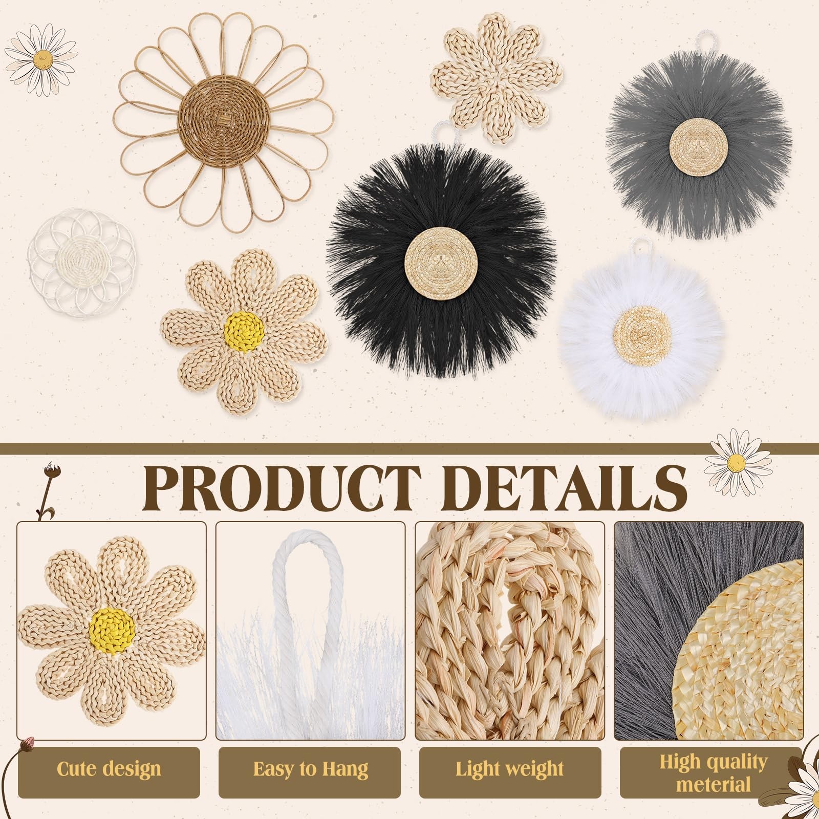 Chunful Boho Rattan Flower Wall Decor Light Grey