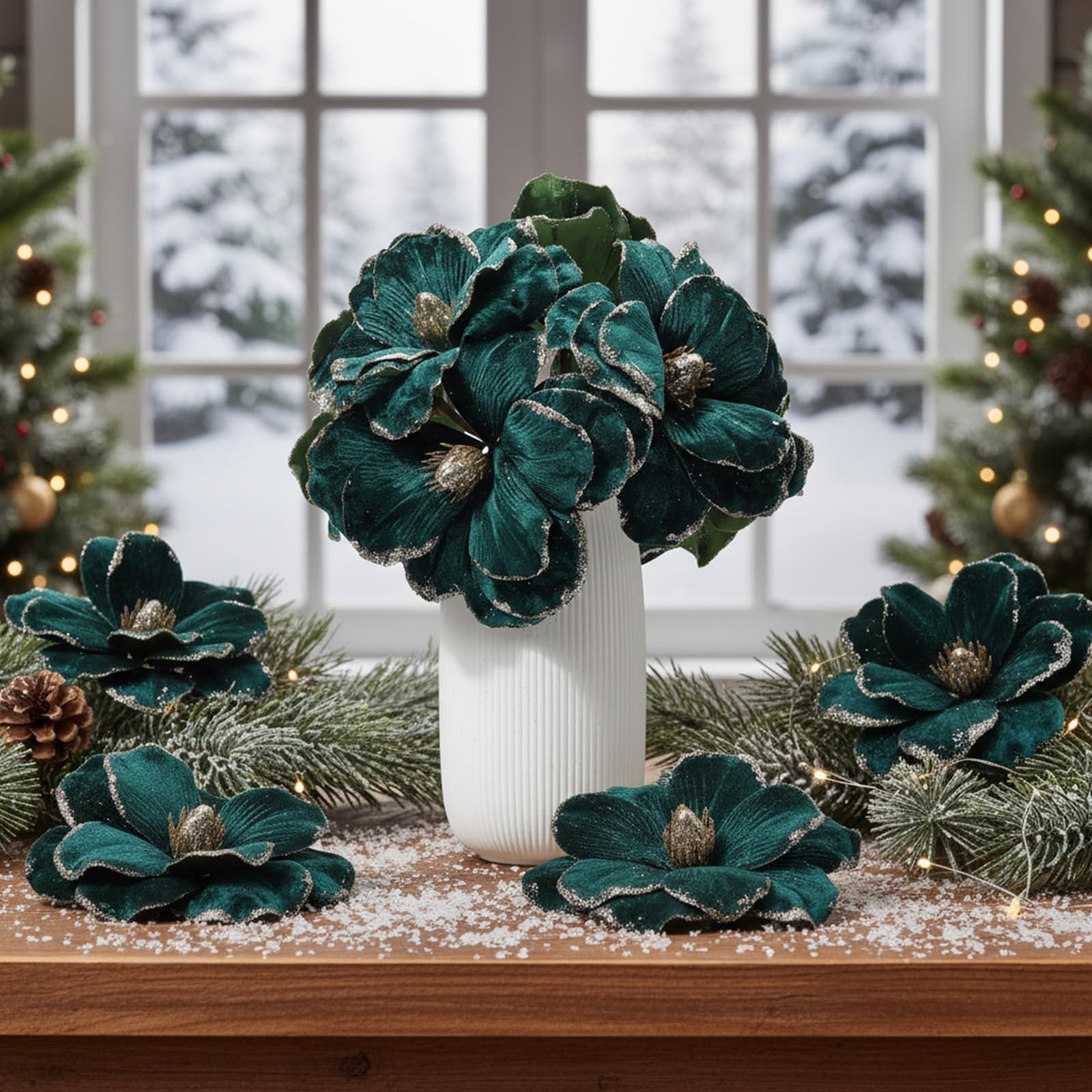 18 PCS Dark Green Large Velvet Christmas Poinsettia Magnolia Flowers Decor Set