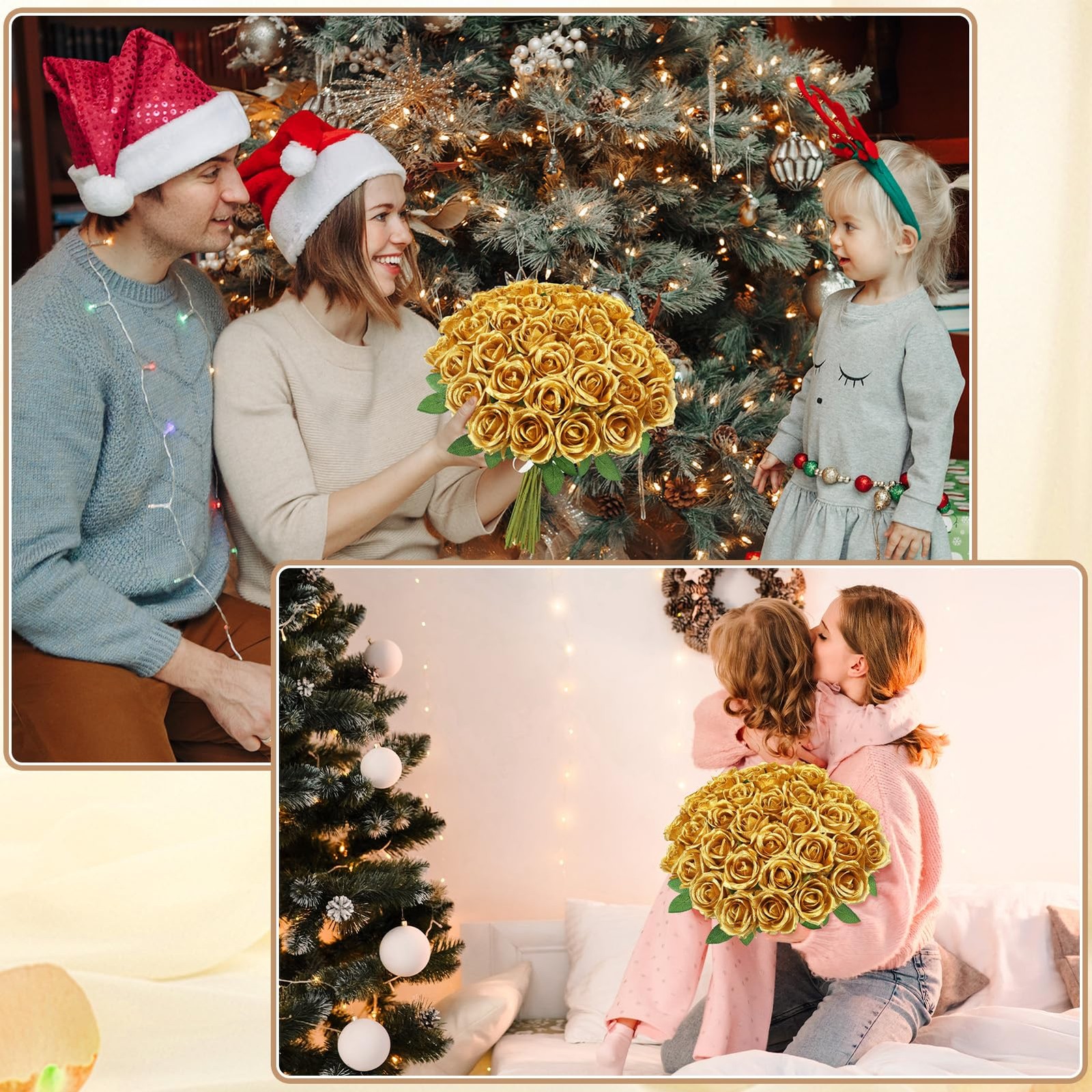 Hoemwarm 36 Pcs Gold Artificial Roses with Long Stems, Fake Silk Rose Artific…