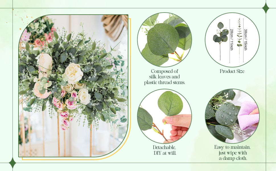 200 Pcs Artificial Eucalyptus Stems, 2 Styles Faux Greenery Leaves with Silver