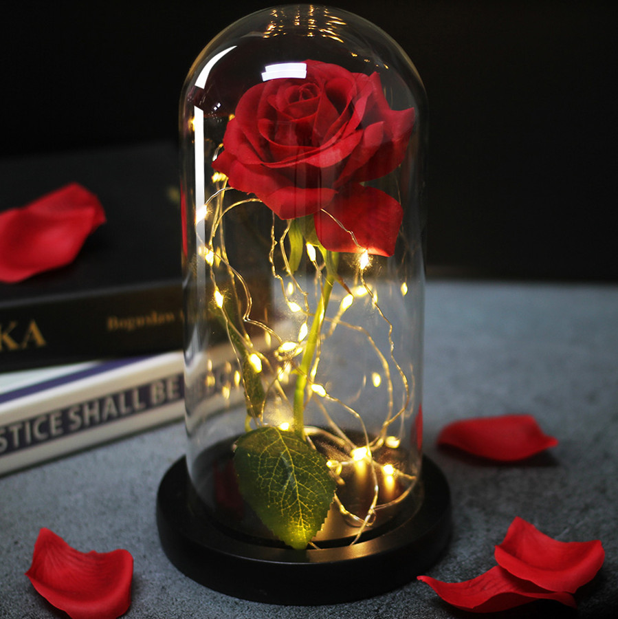 Red Rose In Crystal Clear Glass Dome with Soft White LED Lights – Color of Love