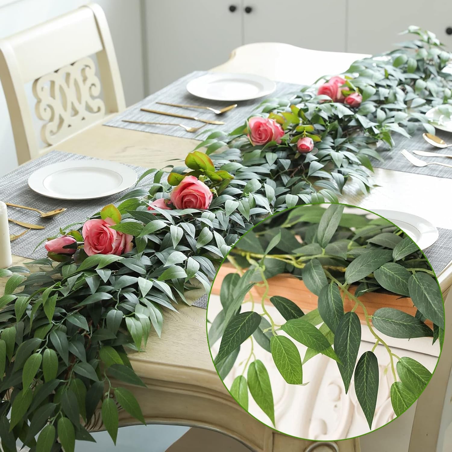 Artificial Italian Ruscus Vines, 3Pcs/75 Silk Vine Garland with Green Leaves,…