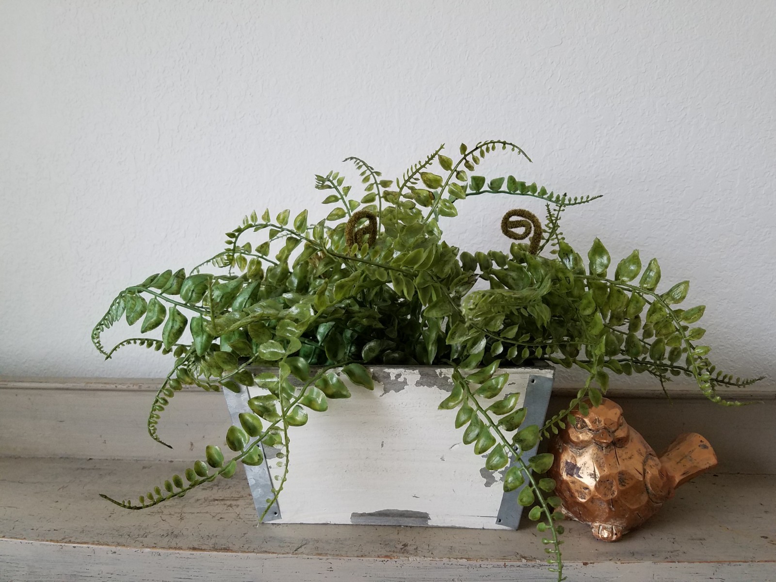 White Wood planter box, faux fern, home decor, Distressed Wood Planter