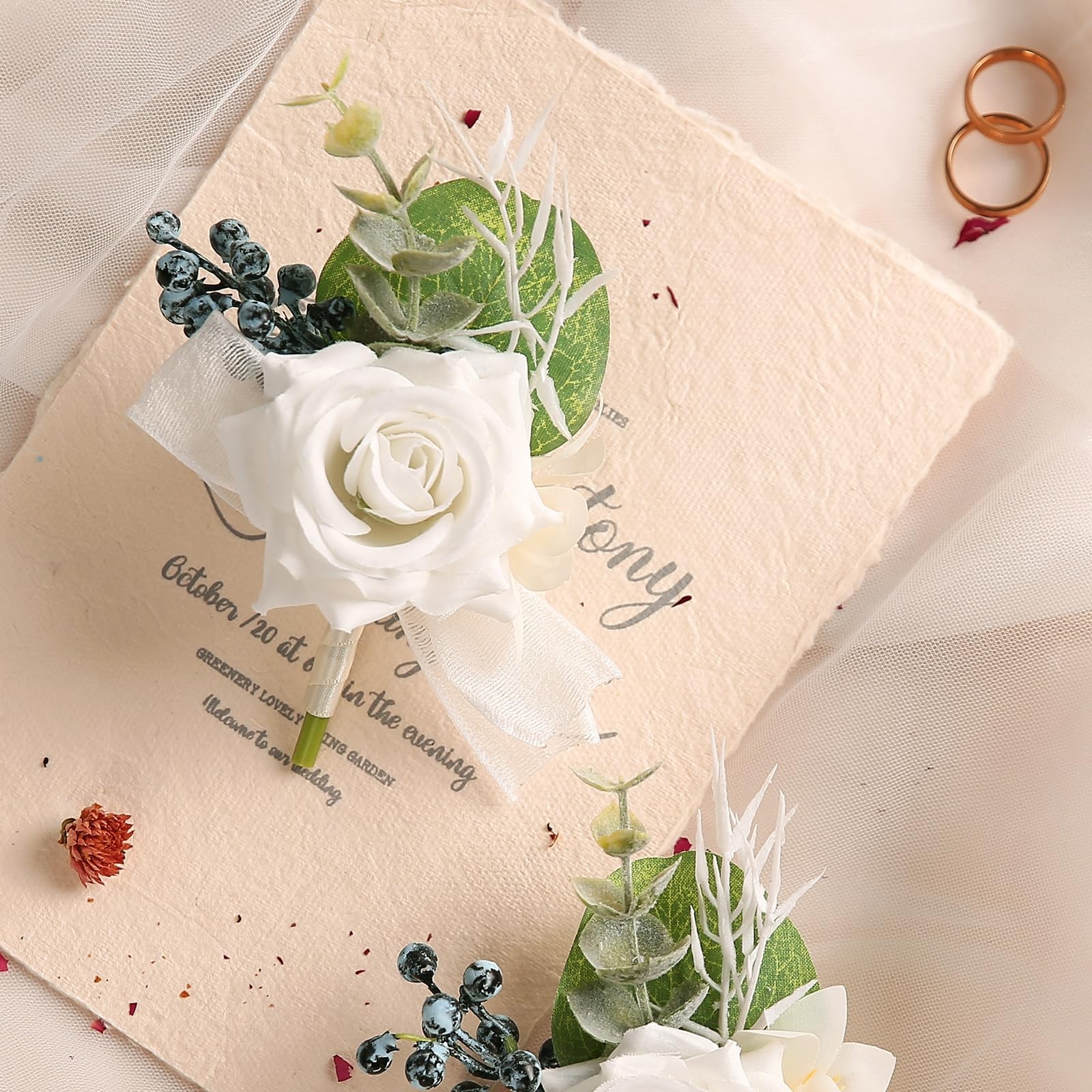 White Artificial Silk Rose Corsage and Boutonniere Set for Prom