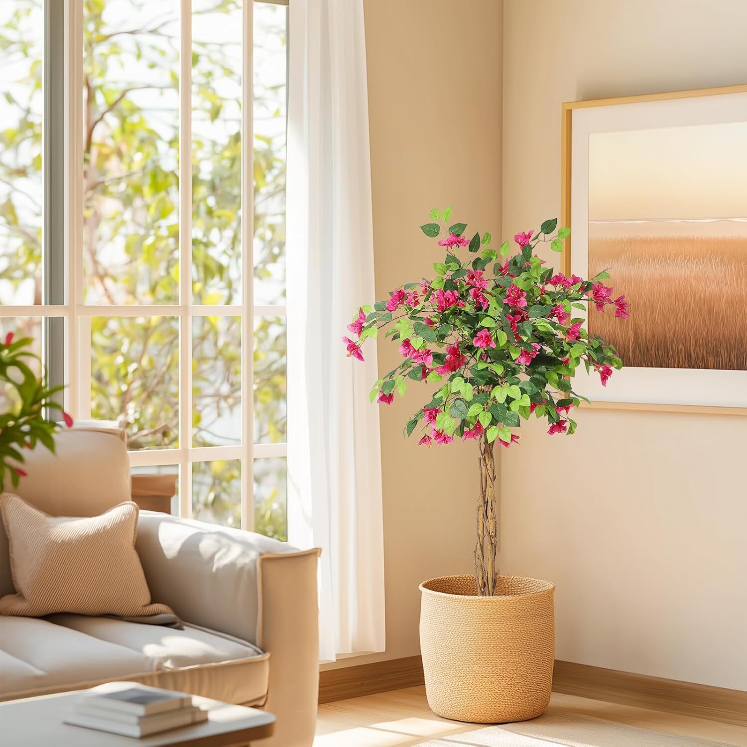 4/5/6FT Artificial Bougainvillea Tree Faux Tree with Wood Trunk and Pink Flowers