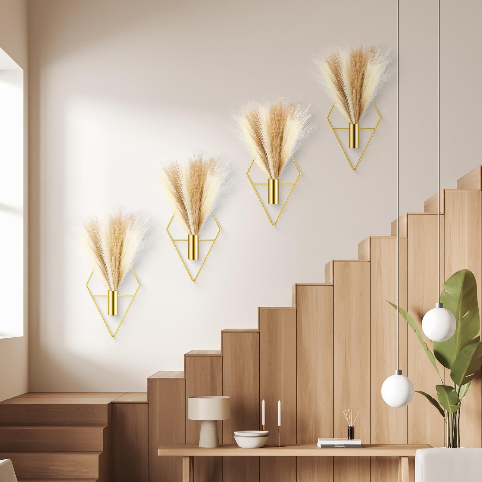 4 Sets Boho Gold Wall Decor Metal Wall Art Hanging Planters with Artificial P…