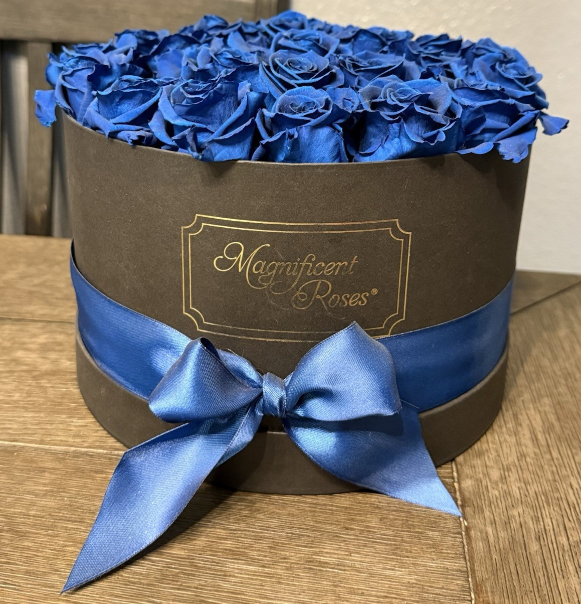 Artificial Blue Rose Flower Box Arrangement in Black Round Hatbox w/ Blue Bow