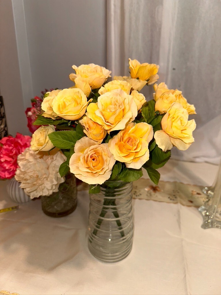 2 set 14″ Tall 14 Stems Yellow Roses Artificial Flowers Blossom Silk glass vase