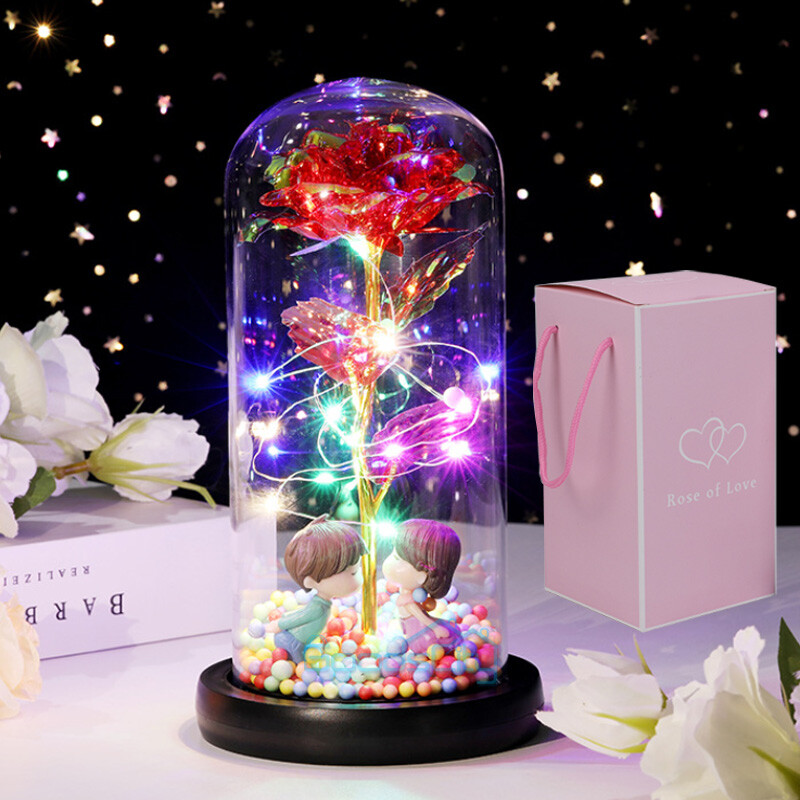 Enchanted Crystal Galaxy Rose Flower In Dome Glass LED Night Light Uniques Gifts