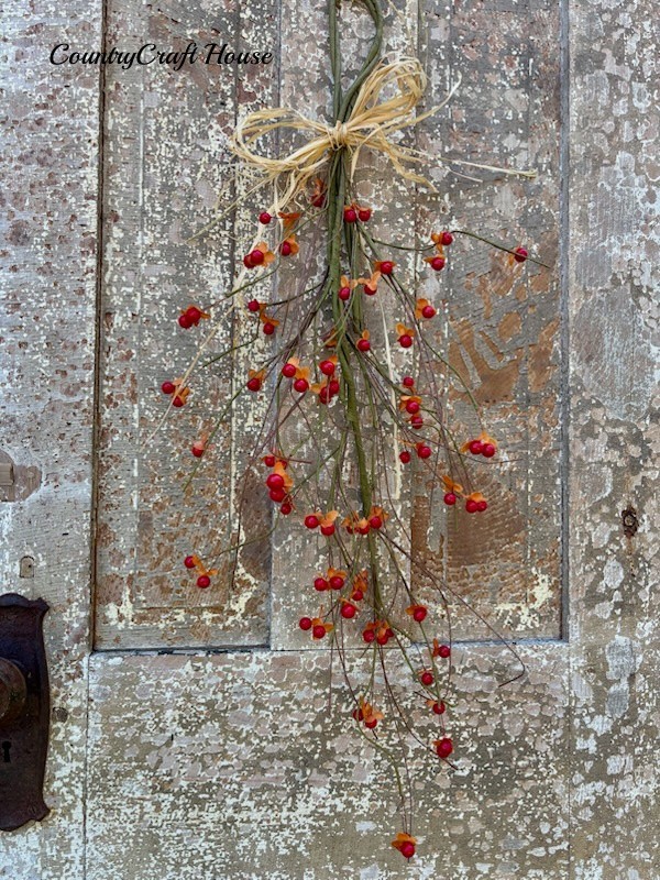 Primitive Farmhouse FALL BITTERSWEET BRANCH Teardrop Swag Orange Berry 30″