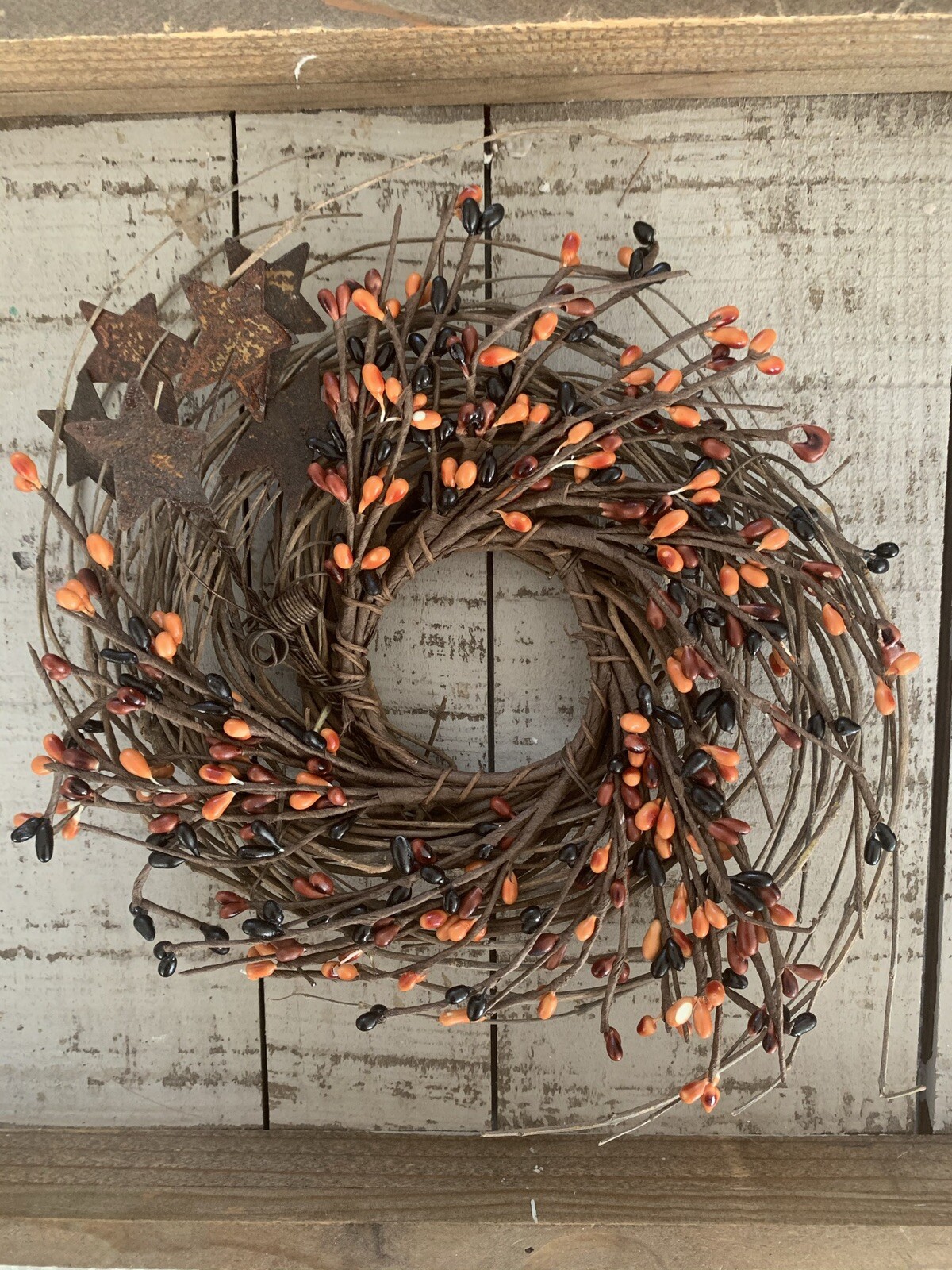 8” Primitive Orange Black Pip & Star Twig Wreath -Farmhouse Fall Halloween