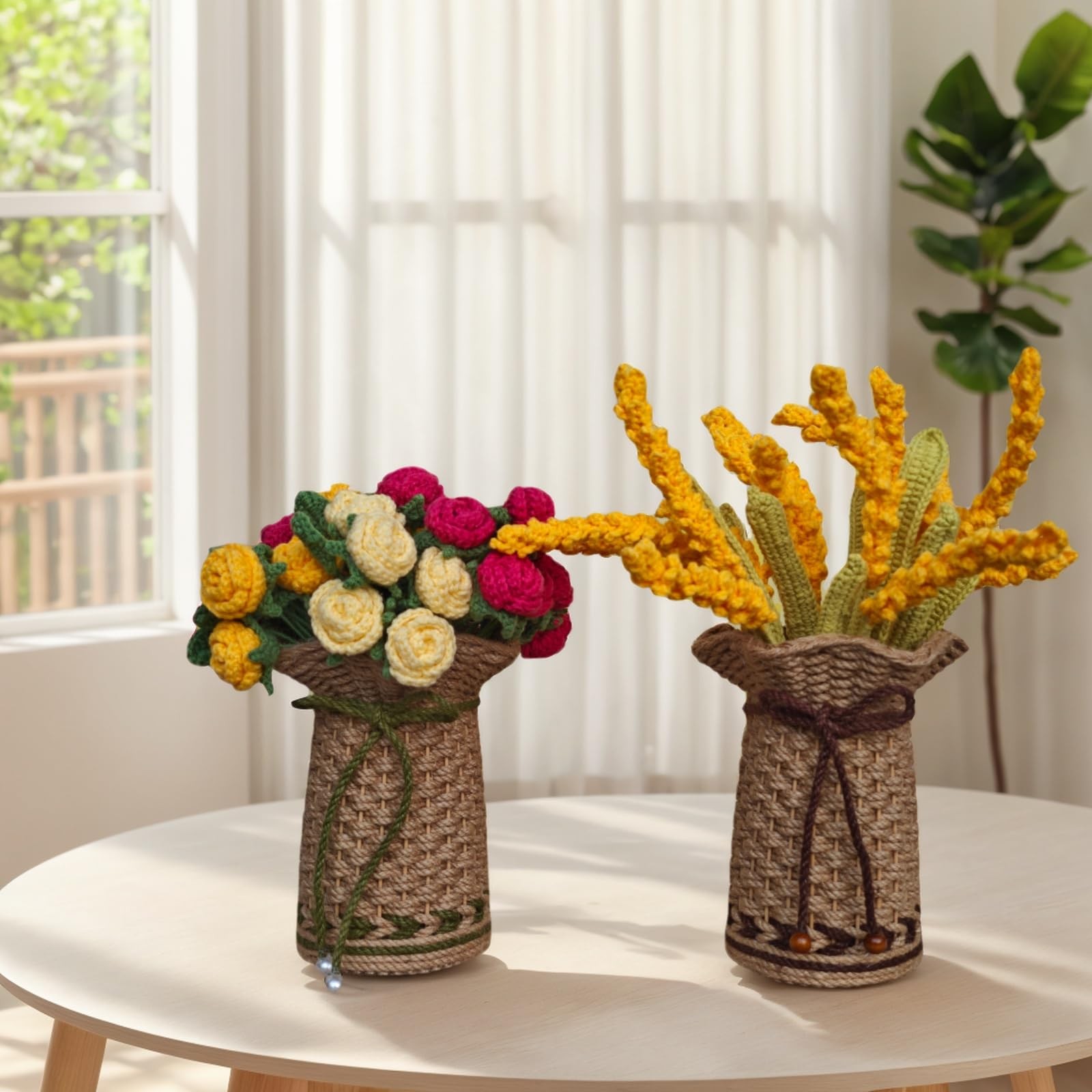 Crochet Red Roses Artificial Flowers Bouquet Knitted Vase Mothers Day Gift