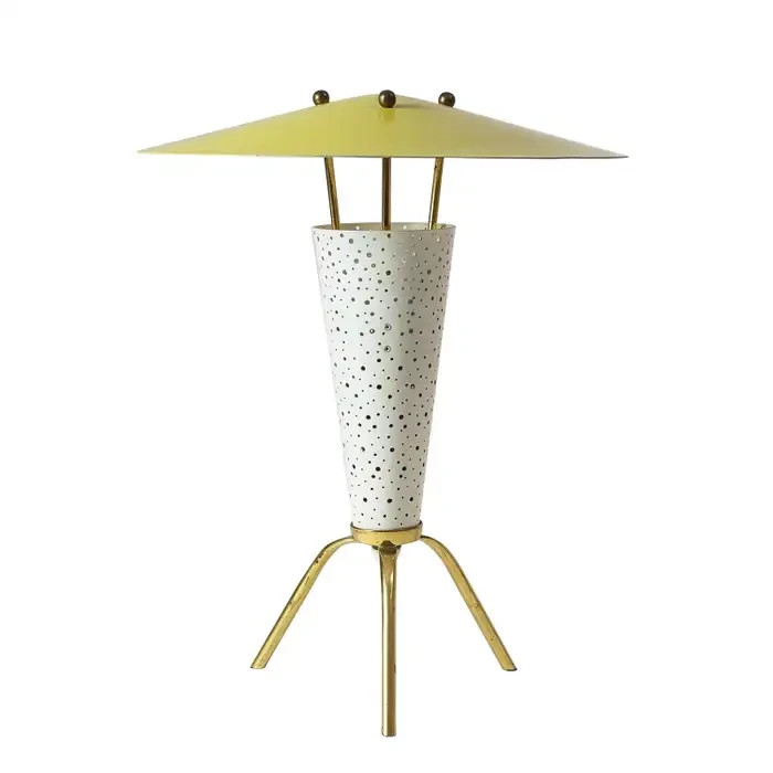 Mid-Century Modern Tripod Table Lamp – Perforated Metal Cone & Yellow UF