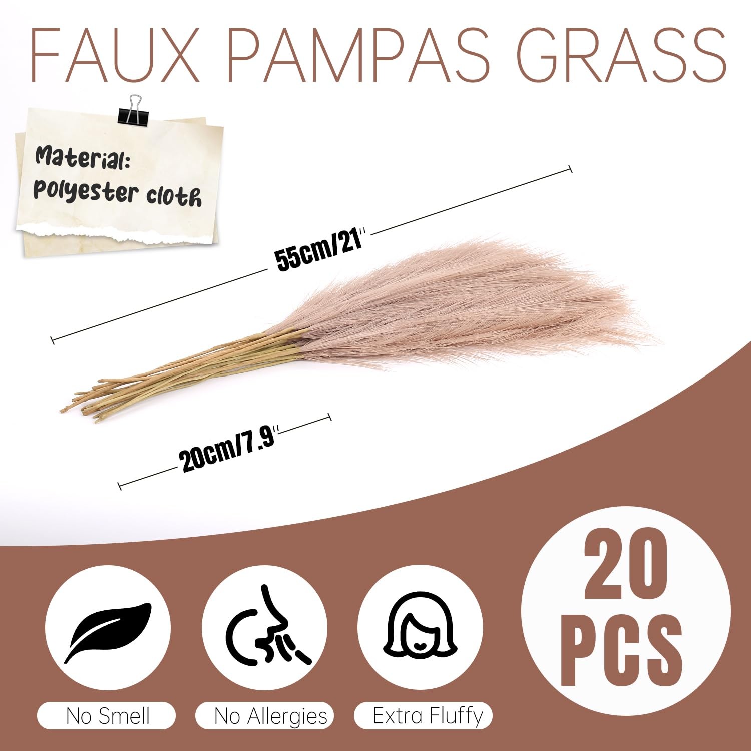 20 Pcs Faux Pampas Grass Decor 21.7 Inch Artificial Brown Reed Vase Filler