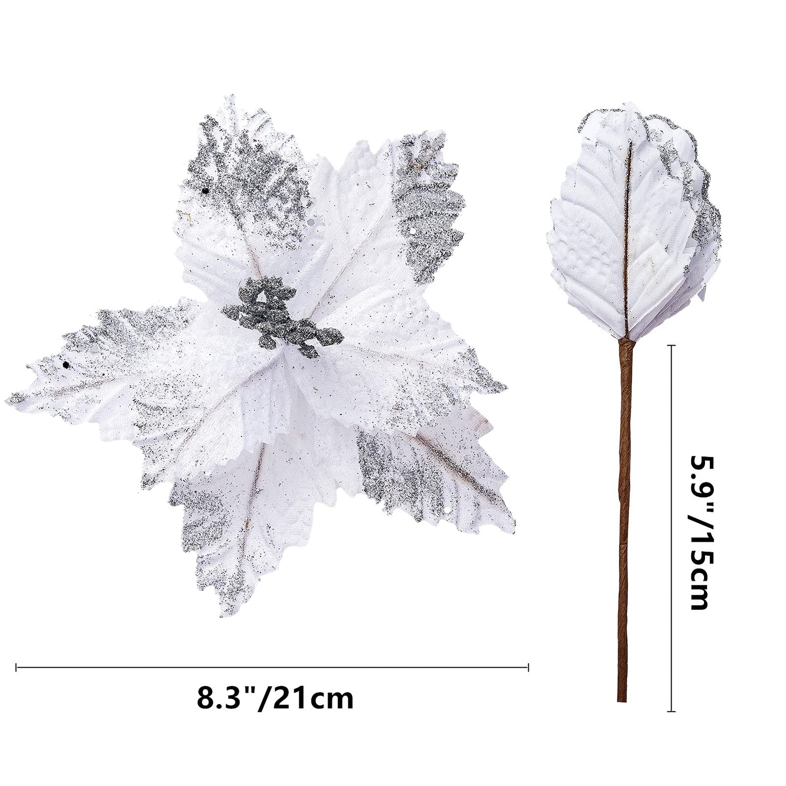 10 Pcs 8.3 inch Large White Silver Christmas Poinsettia Picks PR3000