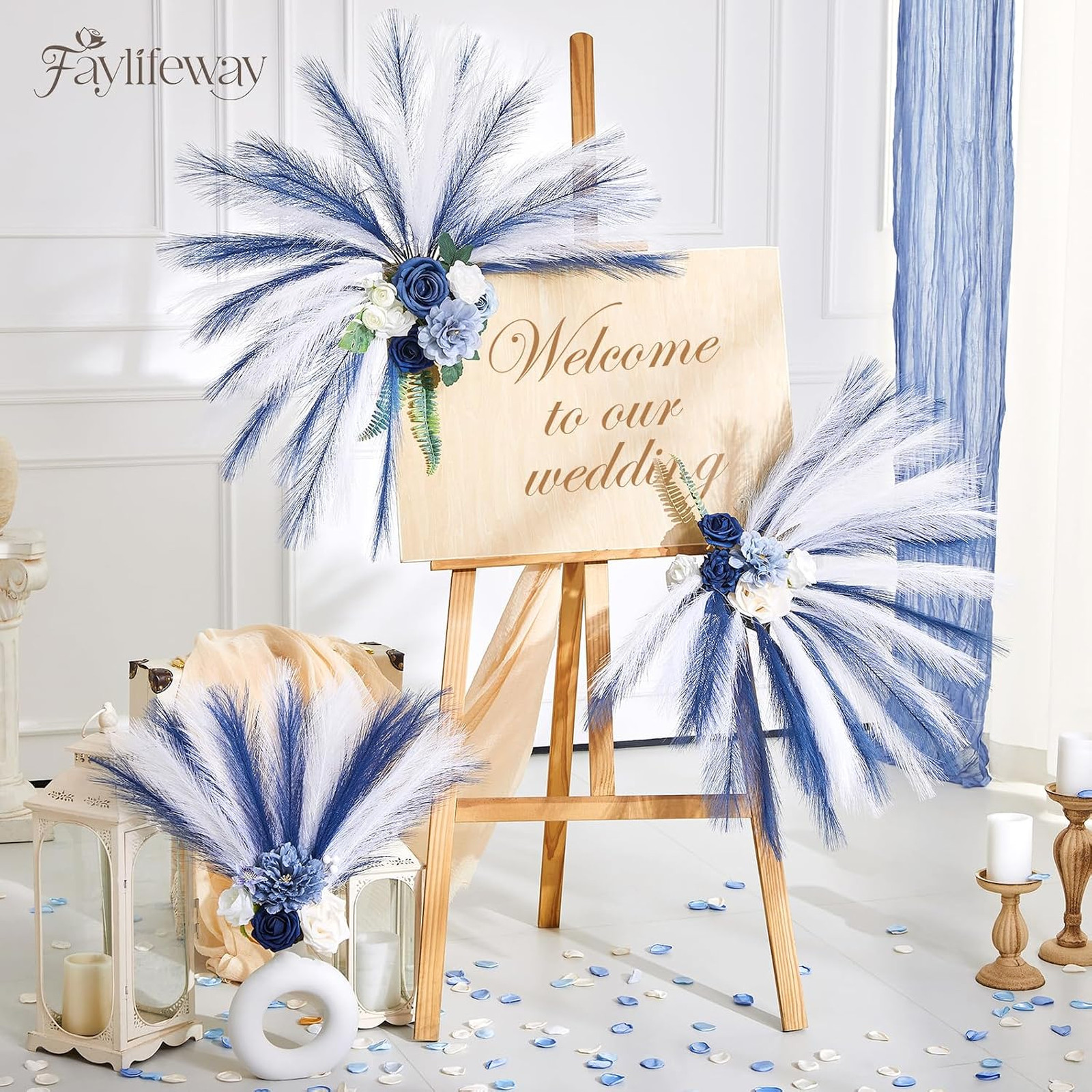 Artificial Pampas Grass Decor 50pcs 17 Inch Fluffy Blue White Vase Filler Home