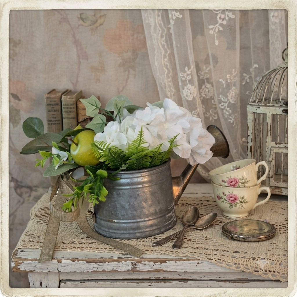 Floral Centerpiece, Vintage Metal Watering Can Cottagecore Faux Flowers