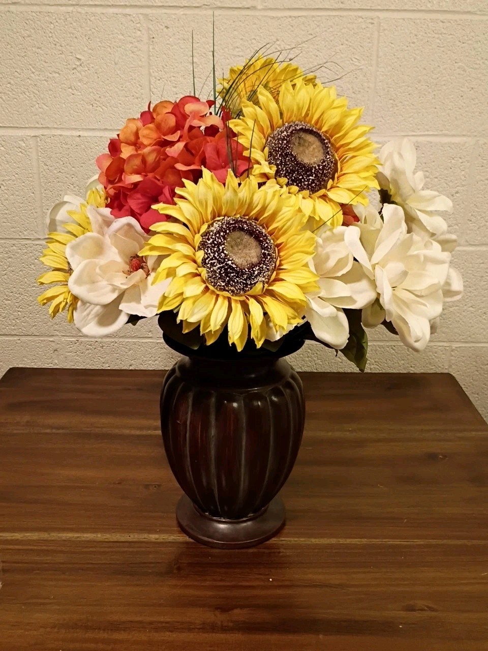 Bouquet of Large Silk Flowers In Bronze Vase